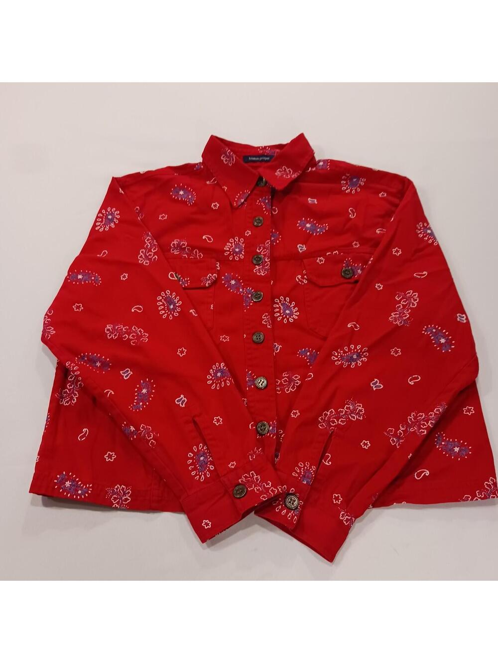 Boston Proper Women's Red Paisley Button Front Denim Jacket Pockets Chest 44